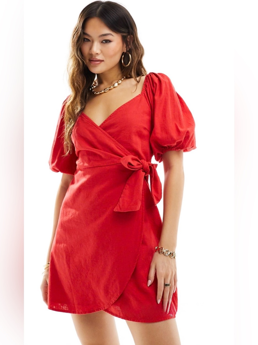 Abercrombie & Fitch linen blend wrap dress in red
with angel sleeves